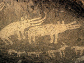 
Des peintures rupestres d'Afrique Australe. Angola. Figures exceptionnelles du site Majole, où d...