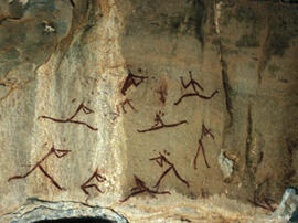 
Des peintures rupestres d'Afrique australe. Afrique du Sud. Une partie des figures peintes retra...