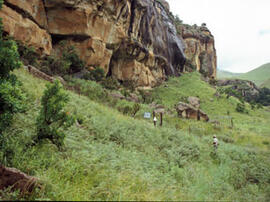 
Des peintures rupestres d'Afrique australe. Afrique du Sud. Drakensberg : entrée du site protégé...