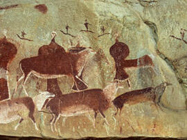 
Des peintures rupestres d'Afrique australe. Afrique du Sud. Détail de la figure précédente où l'...