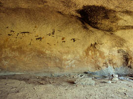 
Des peintures rupestres d'Afrique Australe. Angola. Site Macahama. On trouve des figures zoomorp...